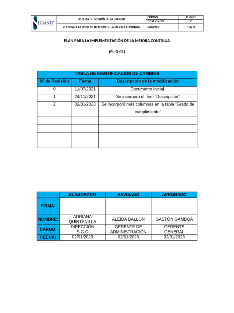 Pl-d-01 Plan de Mejora Continua (Formato) | PDF