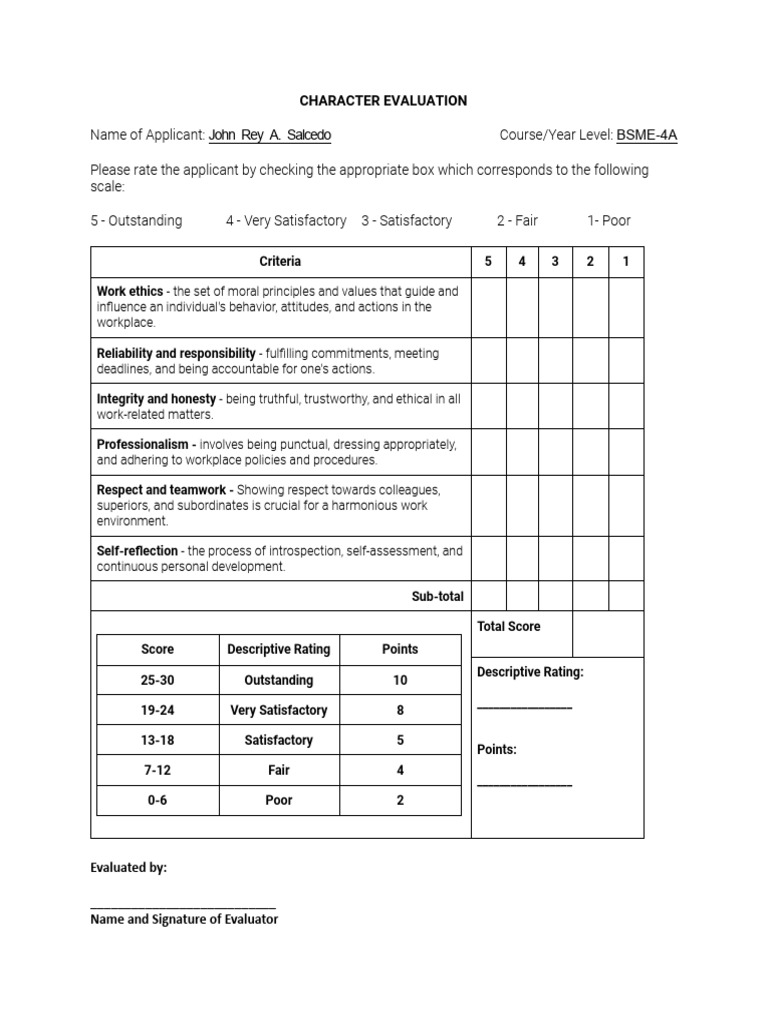 Character Evaluation Form | PDF