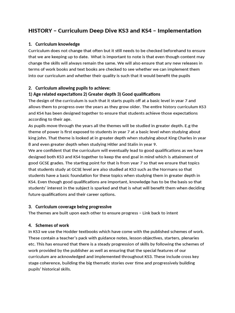 History Deep Dive Implementation | PDF | Curriculum