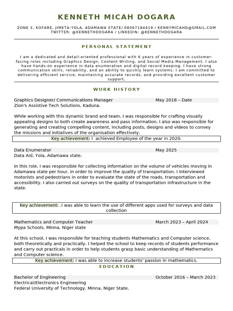 Kenneth Micah Dogara Cv | PDF | Data | Human Communication