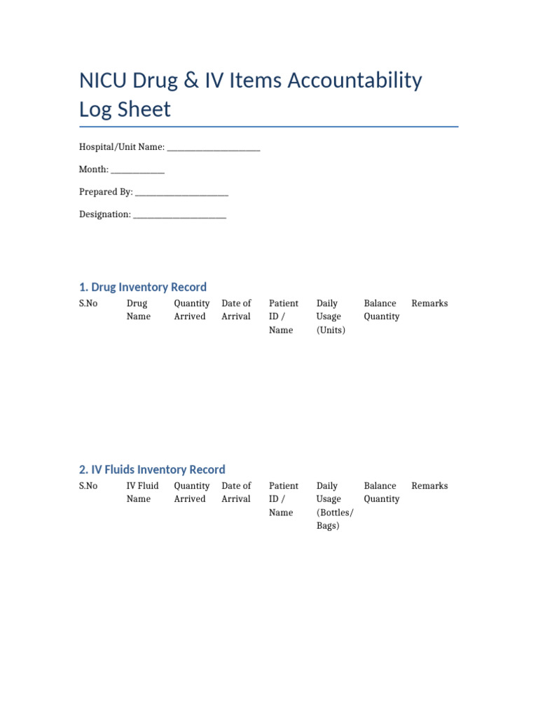 NICU Drug IV Accountability Log | PDF