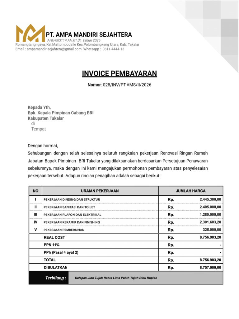 Invoice 025 Inv Pt-Ams IV 2026 Bri | PDF