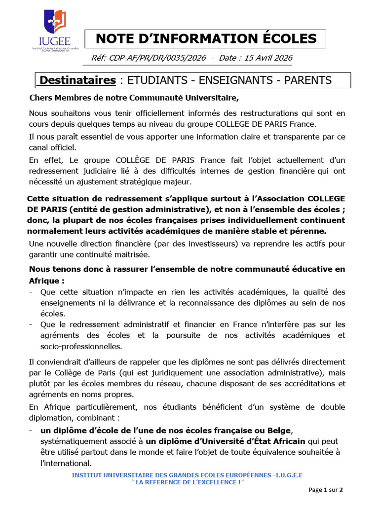 Note D'information Officielle Ecoles - Communaute - Restructuration ...