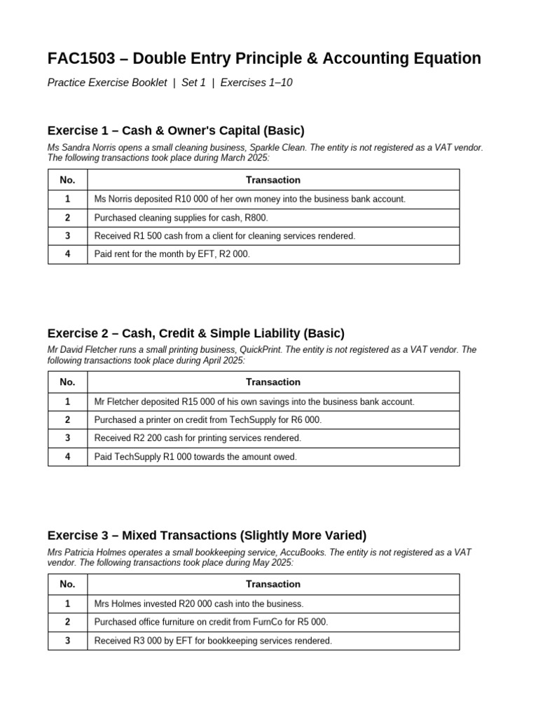 Double Entry Exercises Set 1 | PDF | Equity (Finance) | Debits And Credits