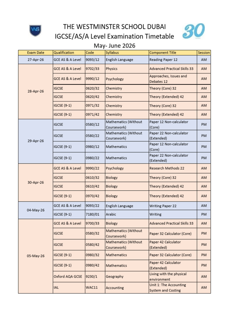 IGCSE-As-A Level Timetable May- June 2026_1 | PDF | Educational Stages ...