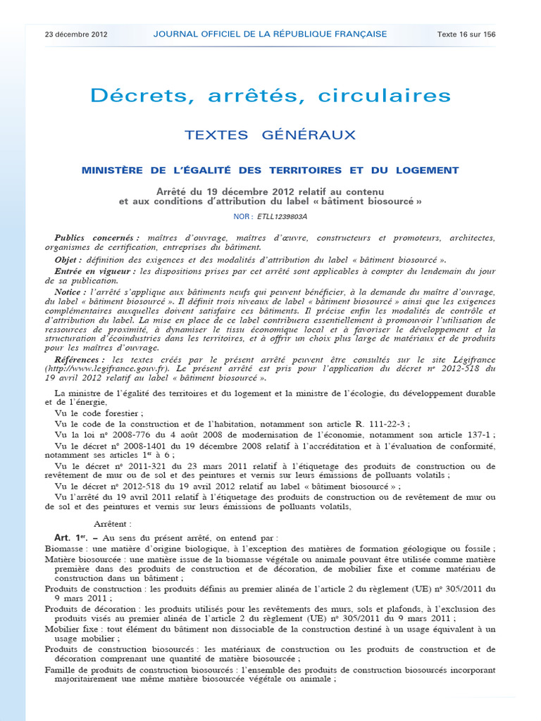 Arrété Label Biosourcé | PDF | Bois (matériau de construction)