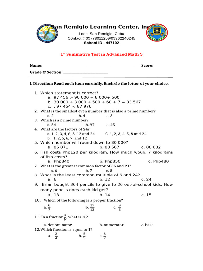 Summative Test for 1st Midterm | PDF
