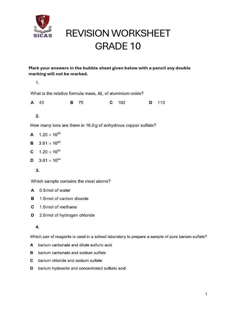 Practice Worksheet Grade 10 | PDF