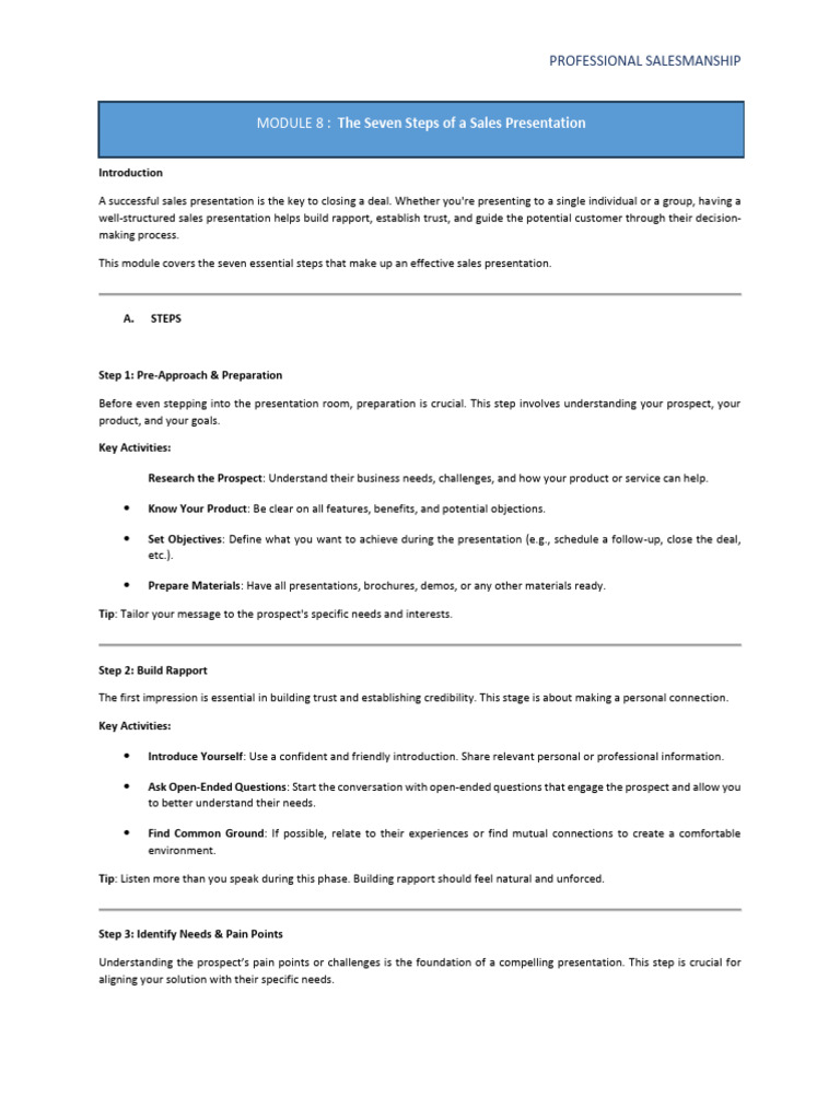 Seven (7) Steps of a Sales Presentation | PDF | Psychology | Human ...