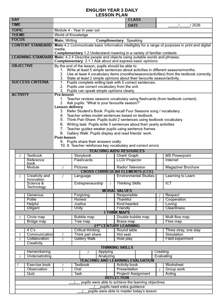 Lesson Plan English Year 3 | PDF | Vocabulary | Teachers