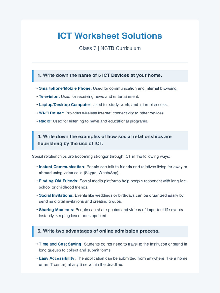 Class 7 Ict Worksheet Solutions | PDF | Information And Communications ...