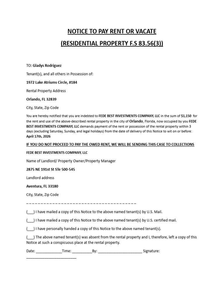 Notice to Pay Rent or Vacate - Gladys Rodriguez | PDF