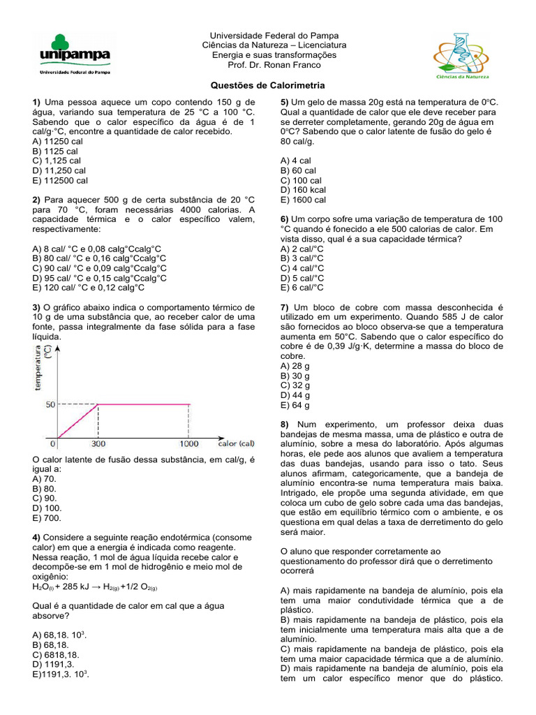 Exercícios Calorimetria | PDF | Calor | Calorimetria