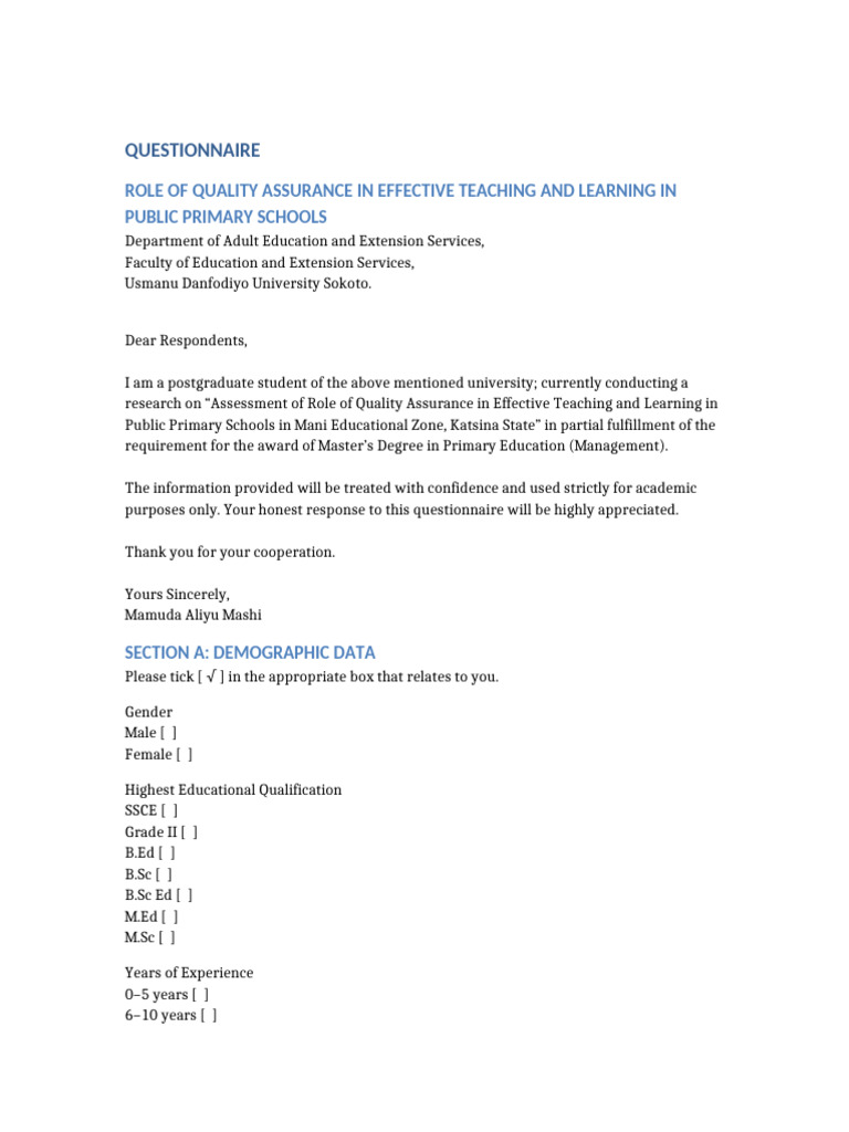 Quality Assurance Questionnaire Format | PDF