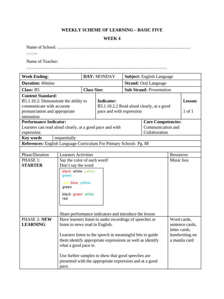 Weekly Scheme of Learning Week 5 | PDF | Reading Comprehension | Learning