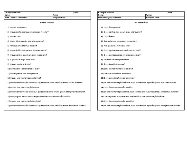 2º Ano Fís - Lista de Exercíco | PDF | Calor | Temperatura