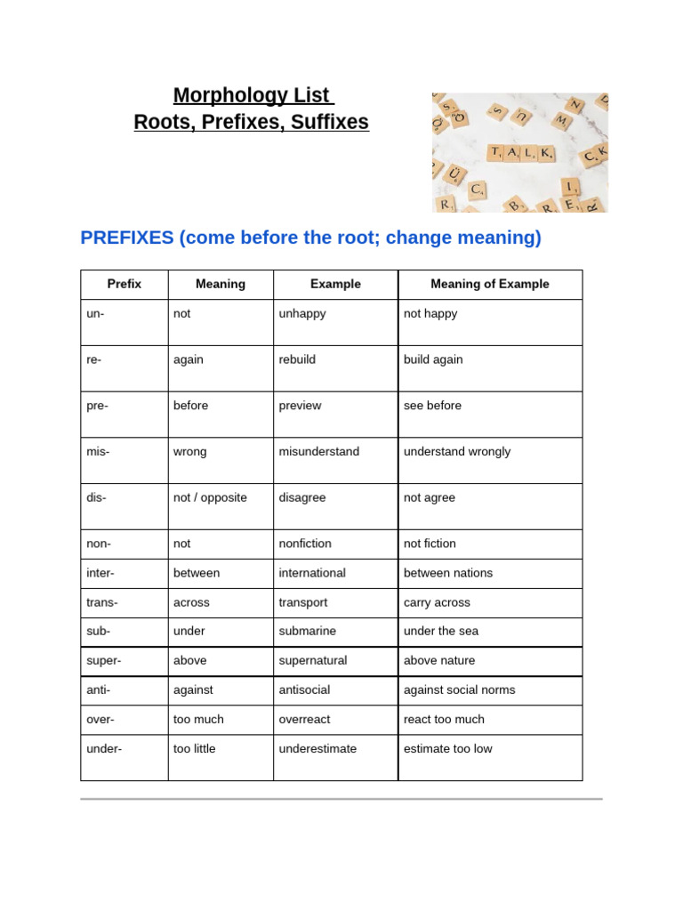 Morphology List_ Roots, Prefixes, Suffixes (1) | PDF | Linguistics ...