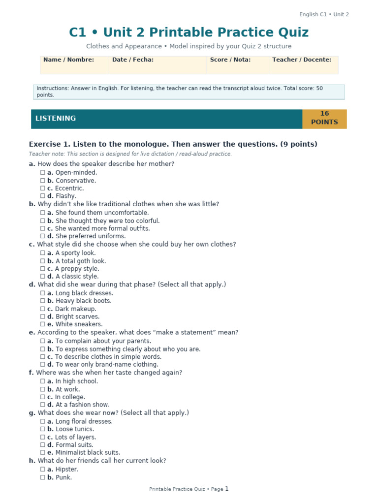 Unit2 Printable Practice Quiz | PDF | Clothing | Fashion