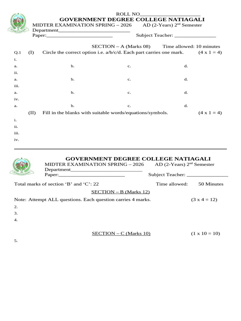 AD Sample Paper Midterm Spring 2026 | PDF