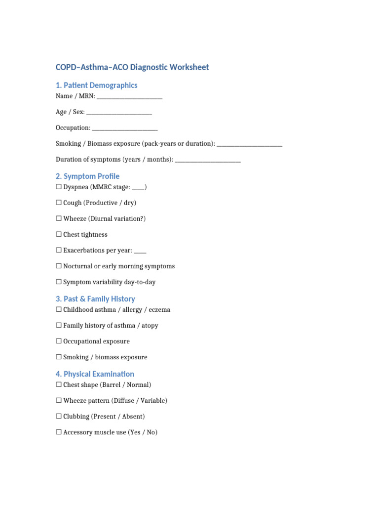 COPD Asthma ACO Diagnostic Worksheet | PDF