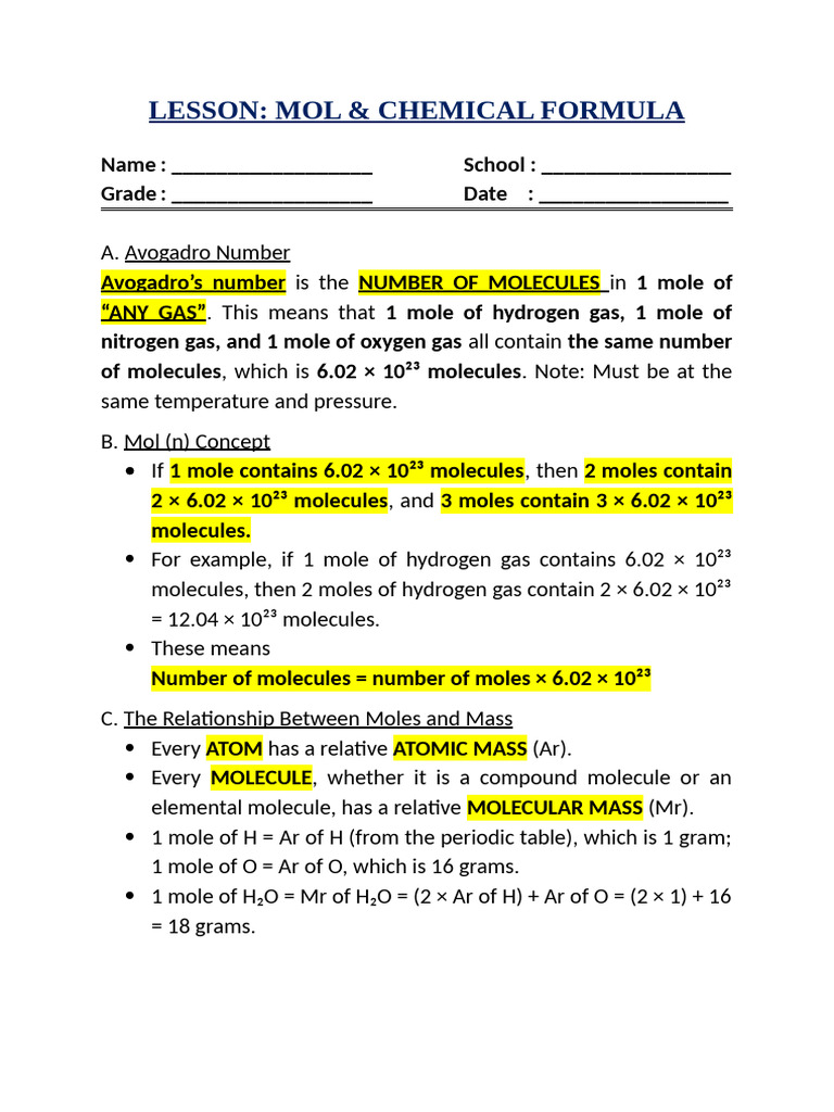 Lesson & Exercise_mol & Chemical Formula | PDF | Mole (Unit) | Molecules