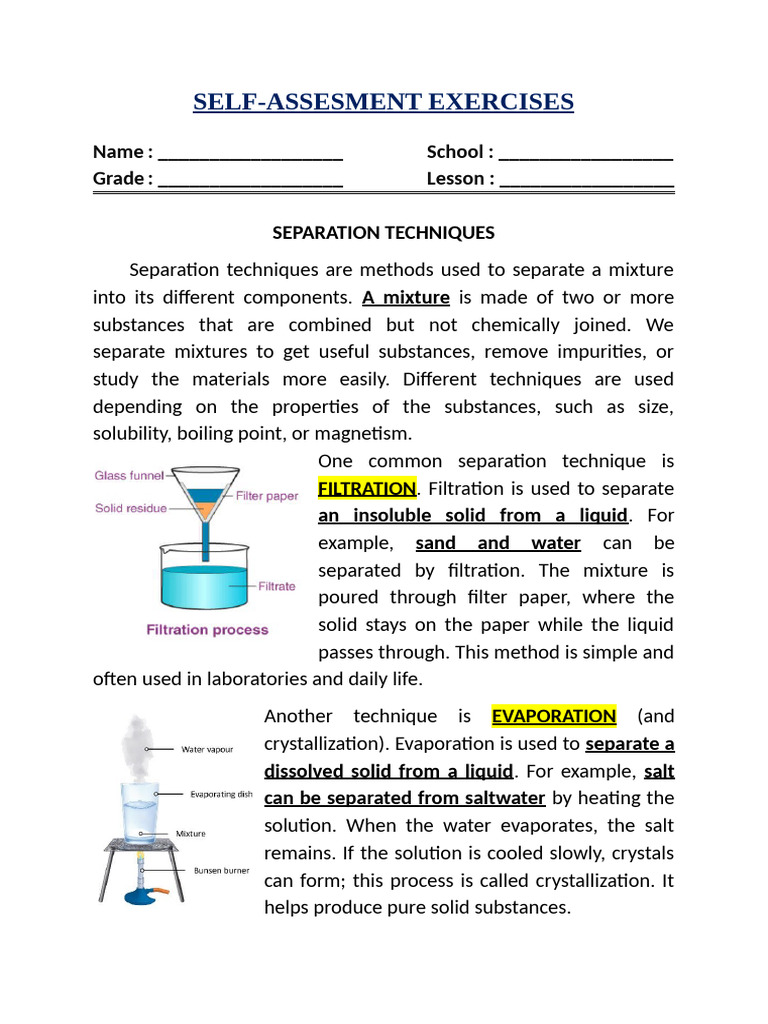 Lesson & Exercise_separation Technique | PDF | Distillation | Filtration