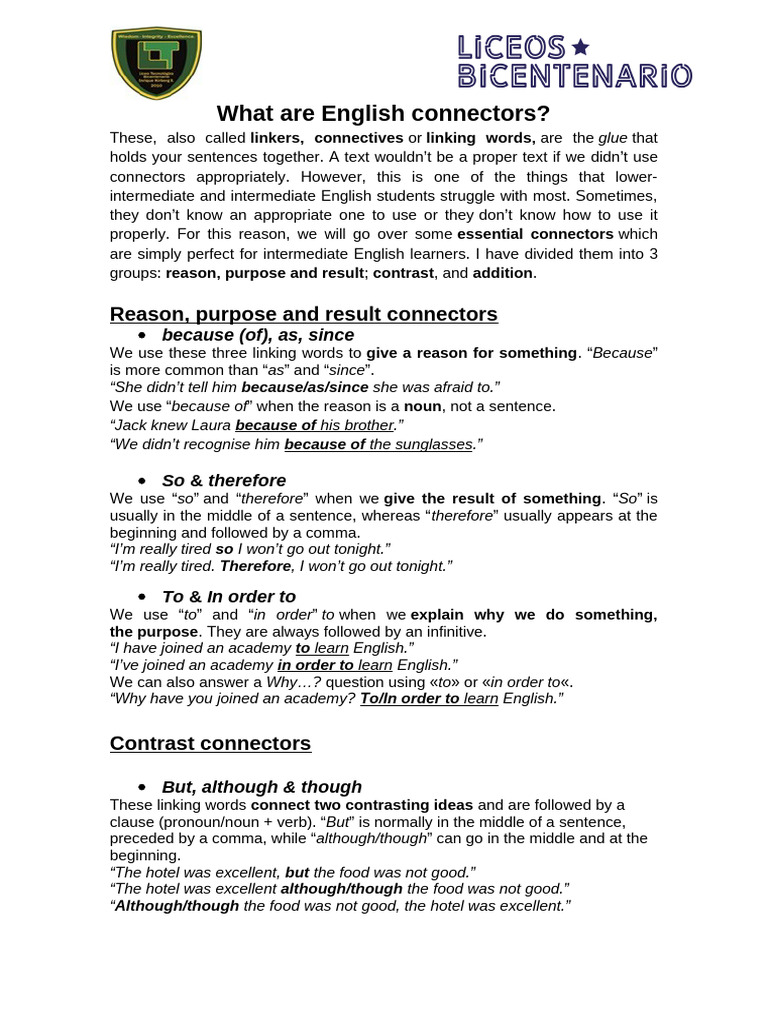 What are English connectors | PDF | English Language | Pronoun