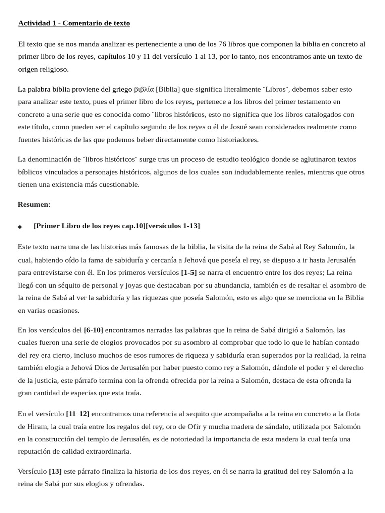 Actividad 1 - Comentario de texto - Biblia el primer libro de los Reyes ...