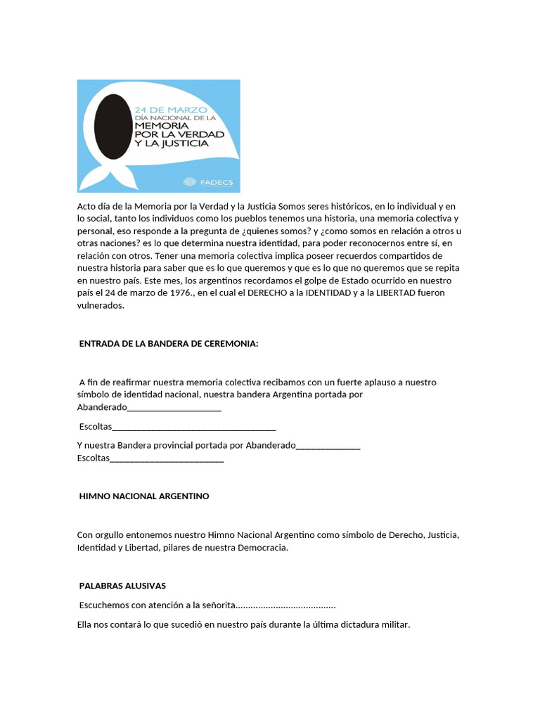 Acto Día de La Memoria Por La Verdad y La Justicia 2026 | PDF | Memoria