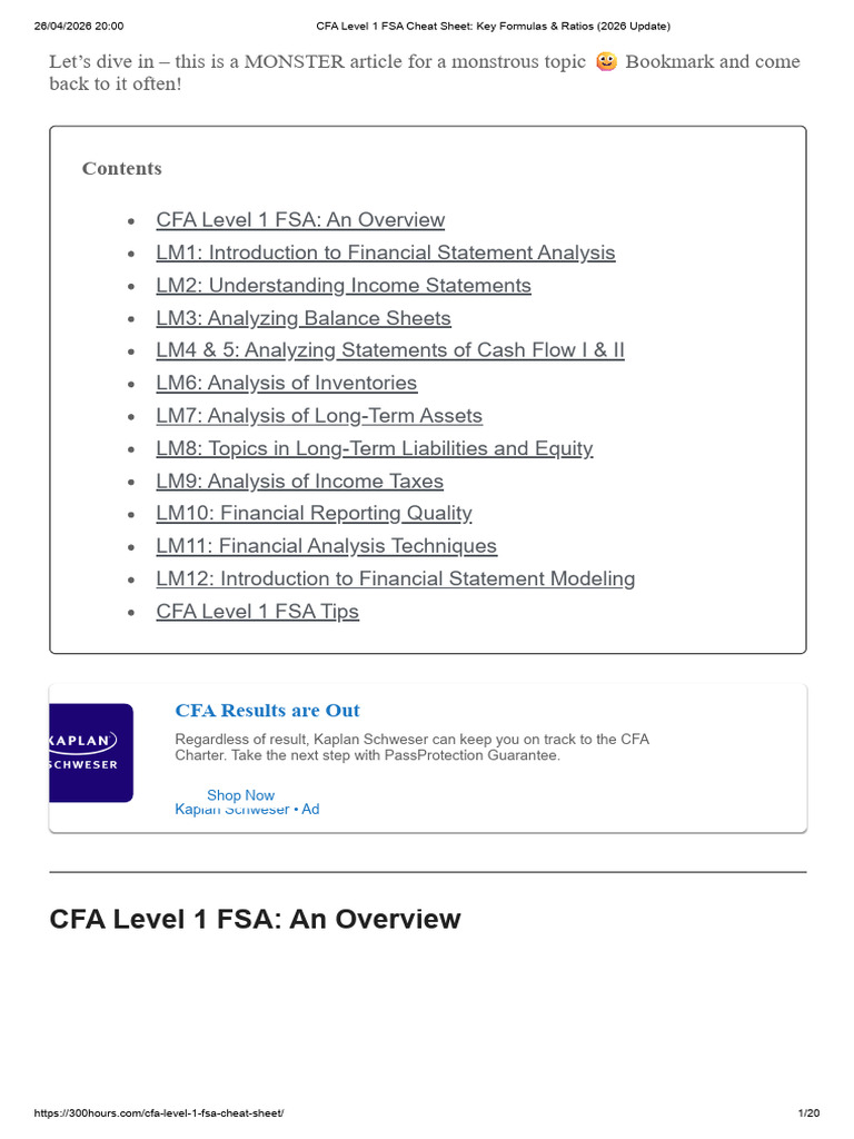 CFA Level 1 FSA Cheat Sheet_ Key Formulas & Ratios (2026 Update) | PDF ...