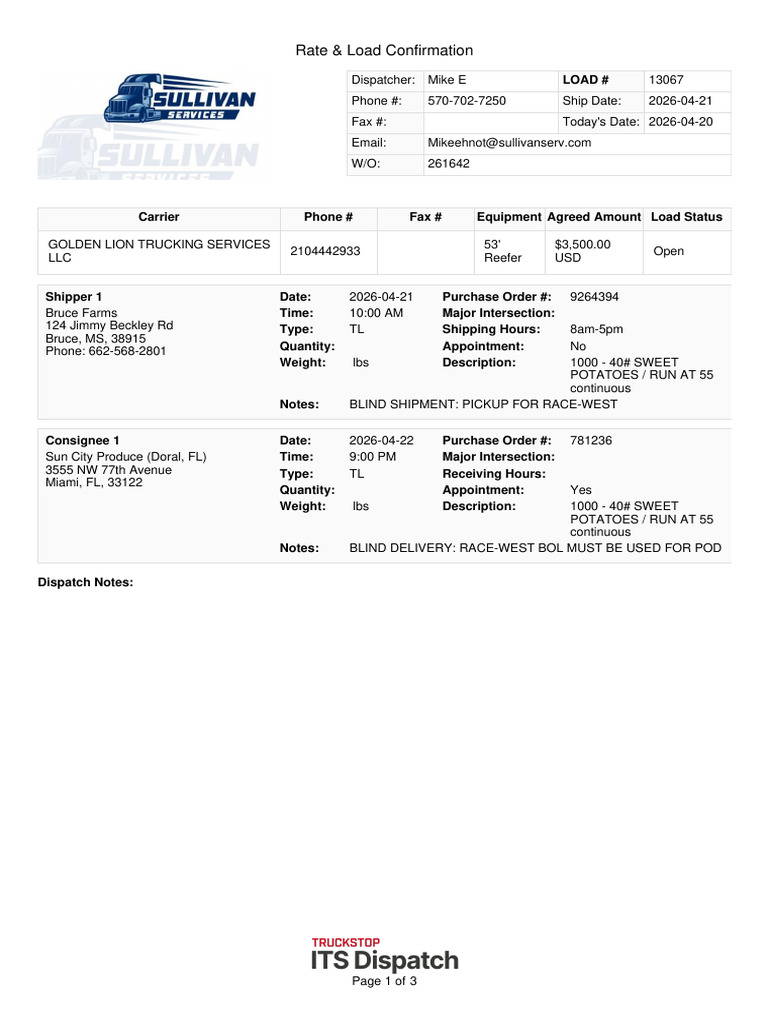 Load Confirmation 13067 | PDF | Truck Driver | Freight Transport