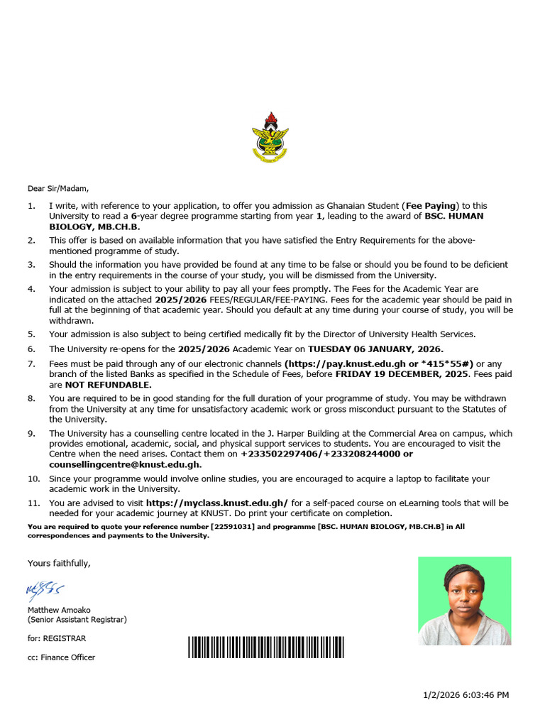 KNUST Provisional Admission Letter_22591031 (1) | PDF