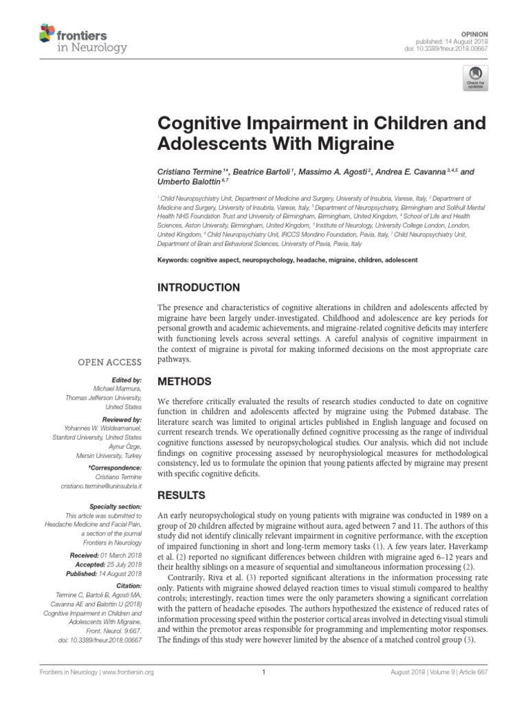 Cognitive Impairment in Children and Adolescents With Migraine | PDF ...