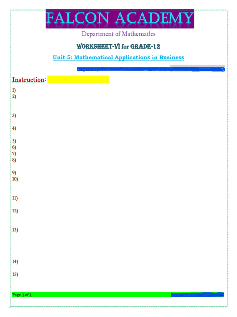 Grade-12 Mathematics Worksheet | PDF | Interest | Money