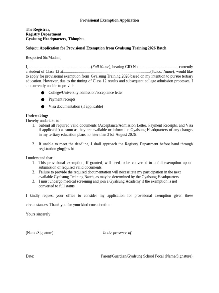 Provisional Exemption Application Template 2026 | PDF