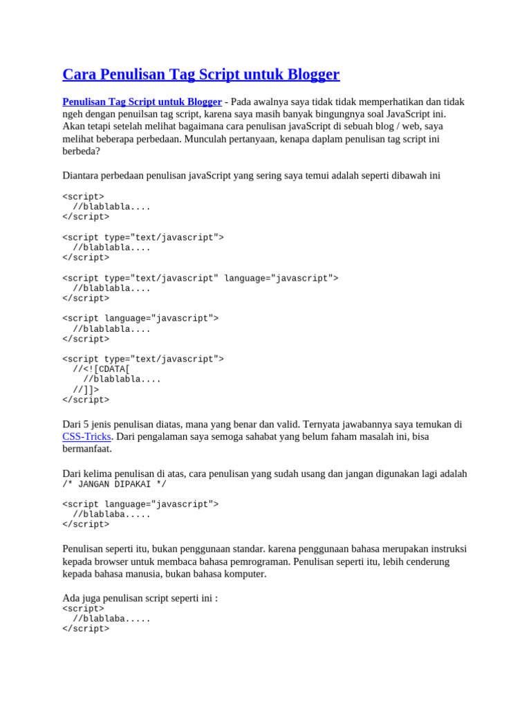 Cara Penulisan Tag Script Untuk Blogger | PDF