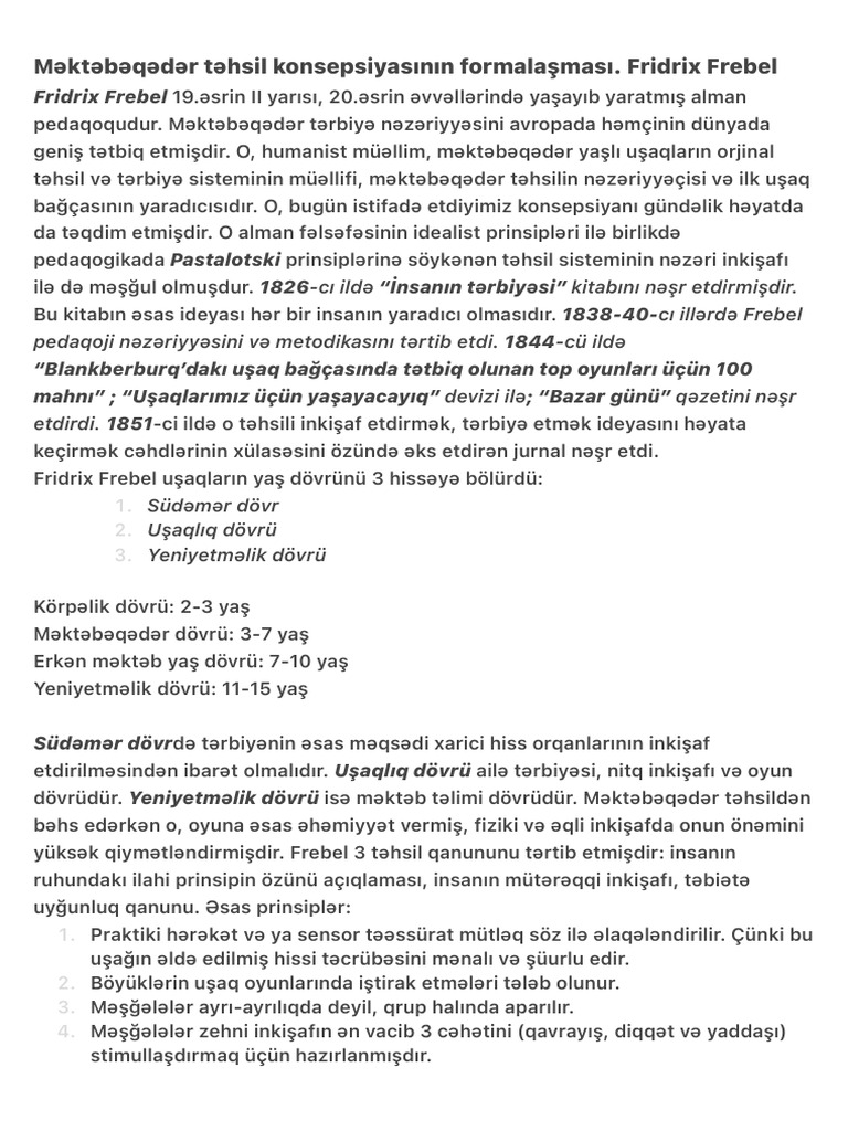 Məktəbəqədər təhsil konsepsiyasının formalaşması. Fridrix Frebel | PDF