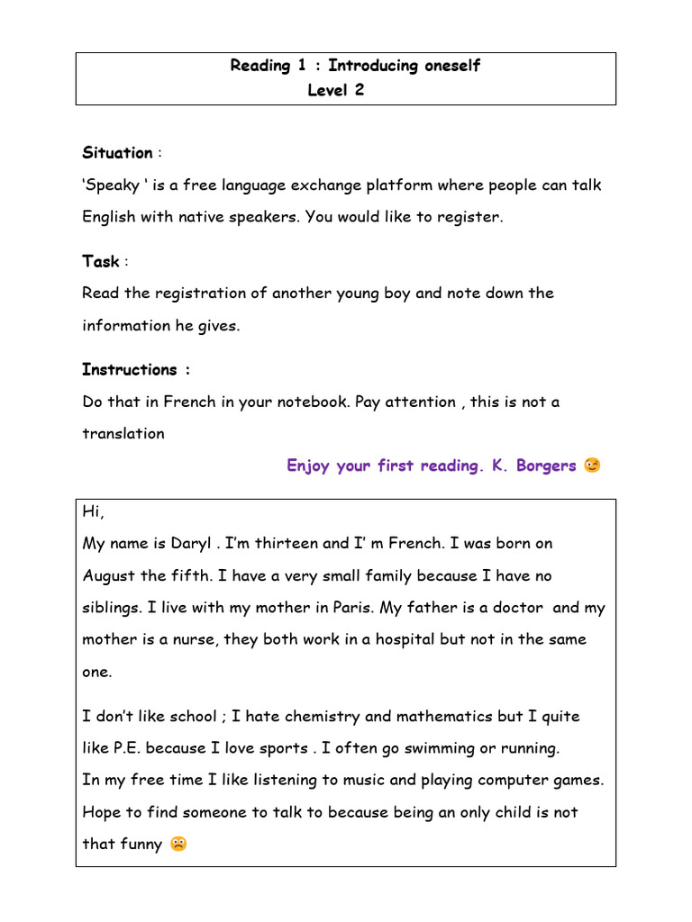 Reading 1 L 2 Introducing Oneself | PDF