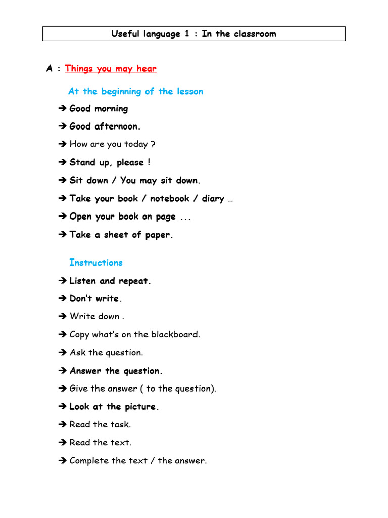 Useful Language 1 in the Classroom | PDF
