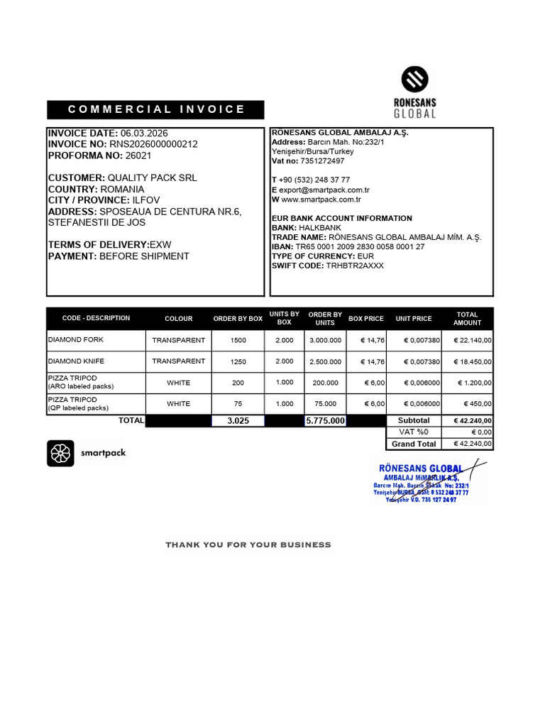 Quality Pack Srl - Commercial Invoice - 06 03 26 | PDF