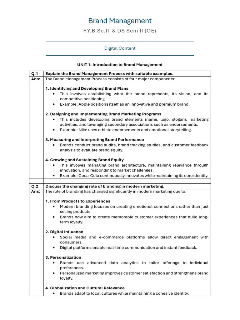 BM Digital Content Unit 1 | PDF | Brand | Brand Management