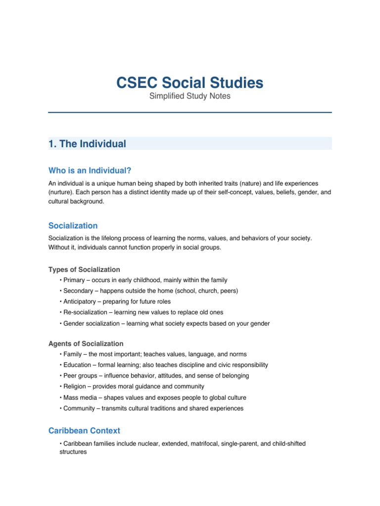 CSEC Social Studies Notes | PDF | Family | Socialization