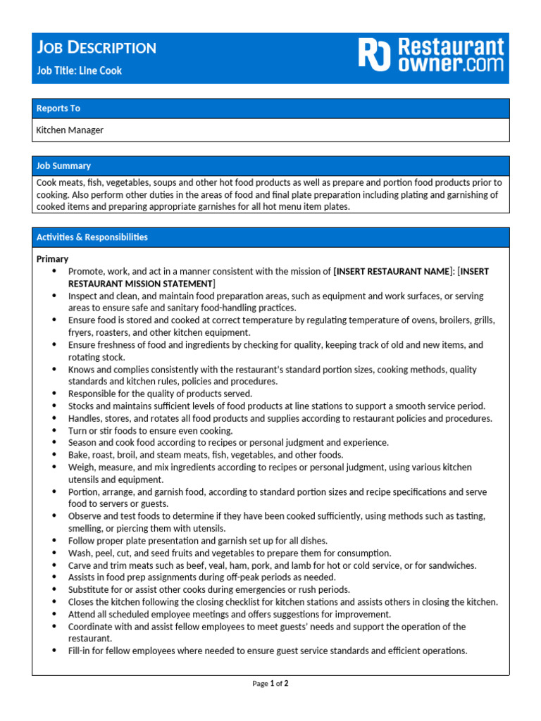 Line Cook Job Description | PDF | Grilling | Cooking