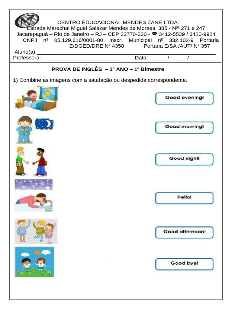 Prova de Inglês 1 A 1 B | PDF