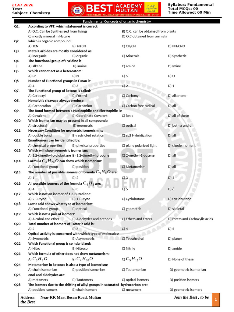 ECAT Organic Chemistry | PDF | Isomer | Functional Group