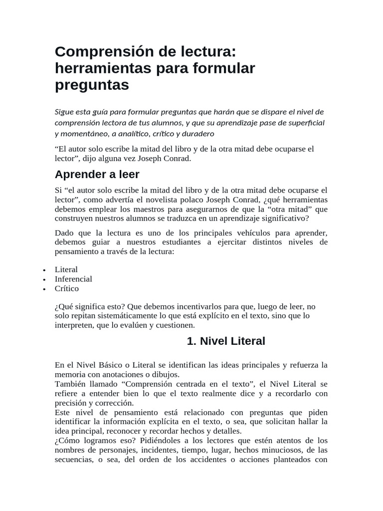 Comprensión de Lectura | PDF | Comprensión lectora | Inferencia