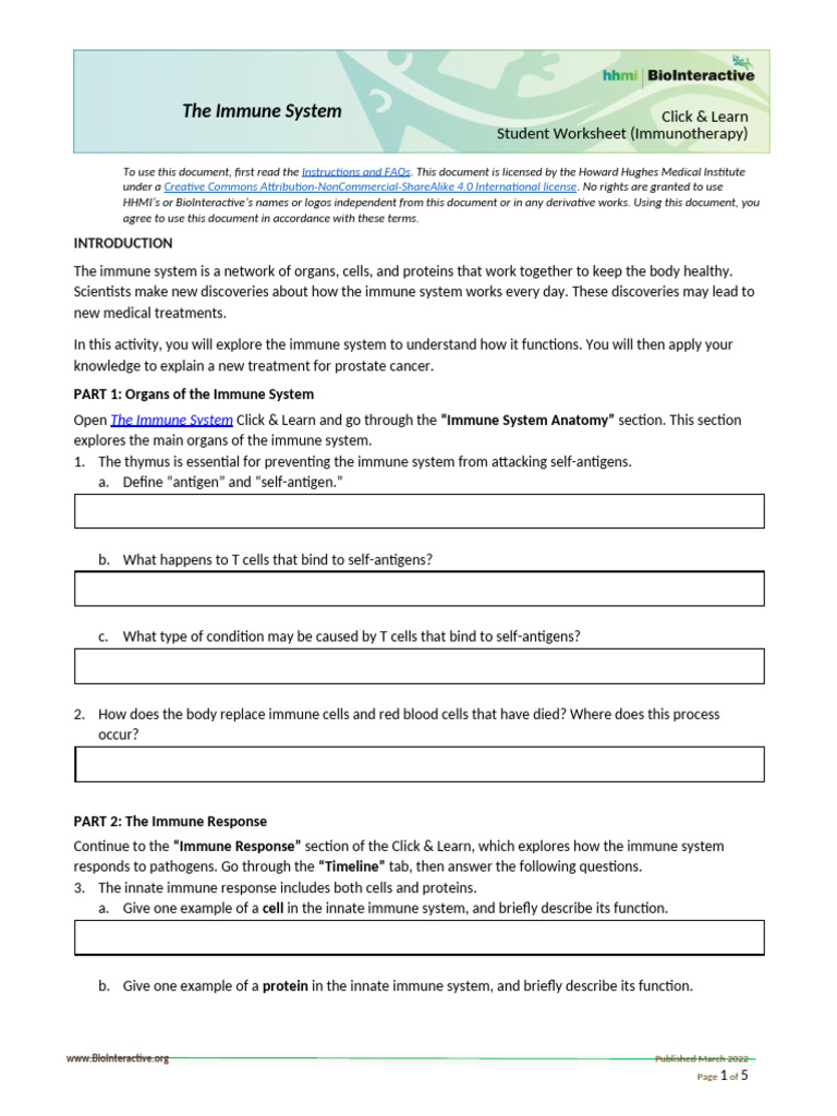 Student Worksheet - Immunotherapy | PDF | Immune System | Antigen