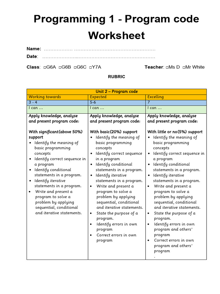 Programming 1 - Learning progr Worksheet | PDF | Control Flow | Integer ...
