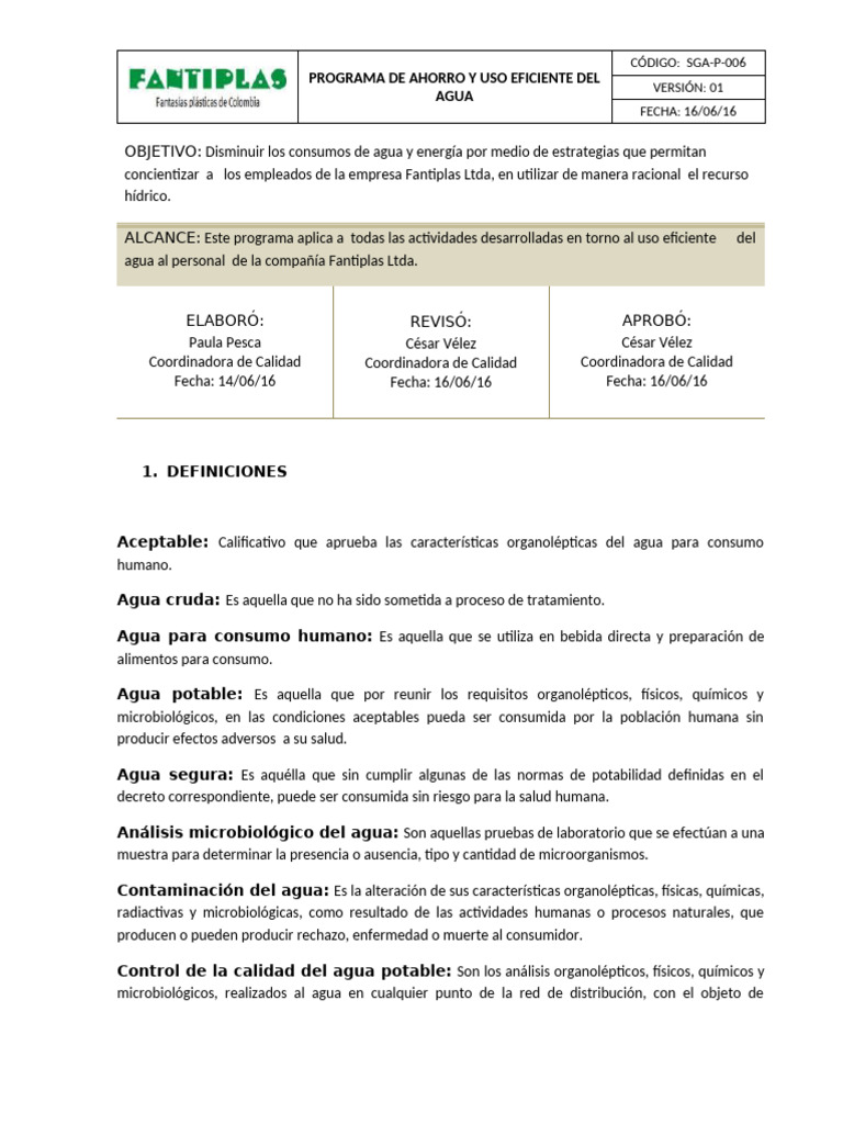 Sga-p-006 Procedimiento de Ahorro y Uso Eficiente Del Agua | PDF | Agua ...