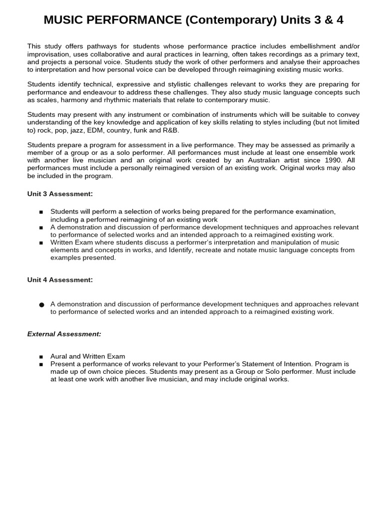 MUSIC PERFORMANCE Unit 3&4 - Description Outline | PDF | Mode (Music ...